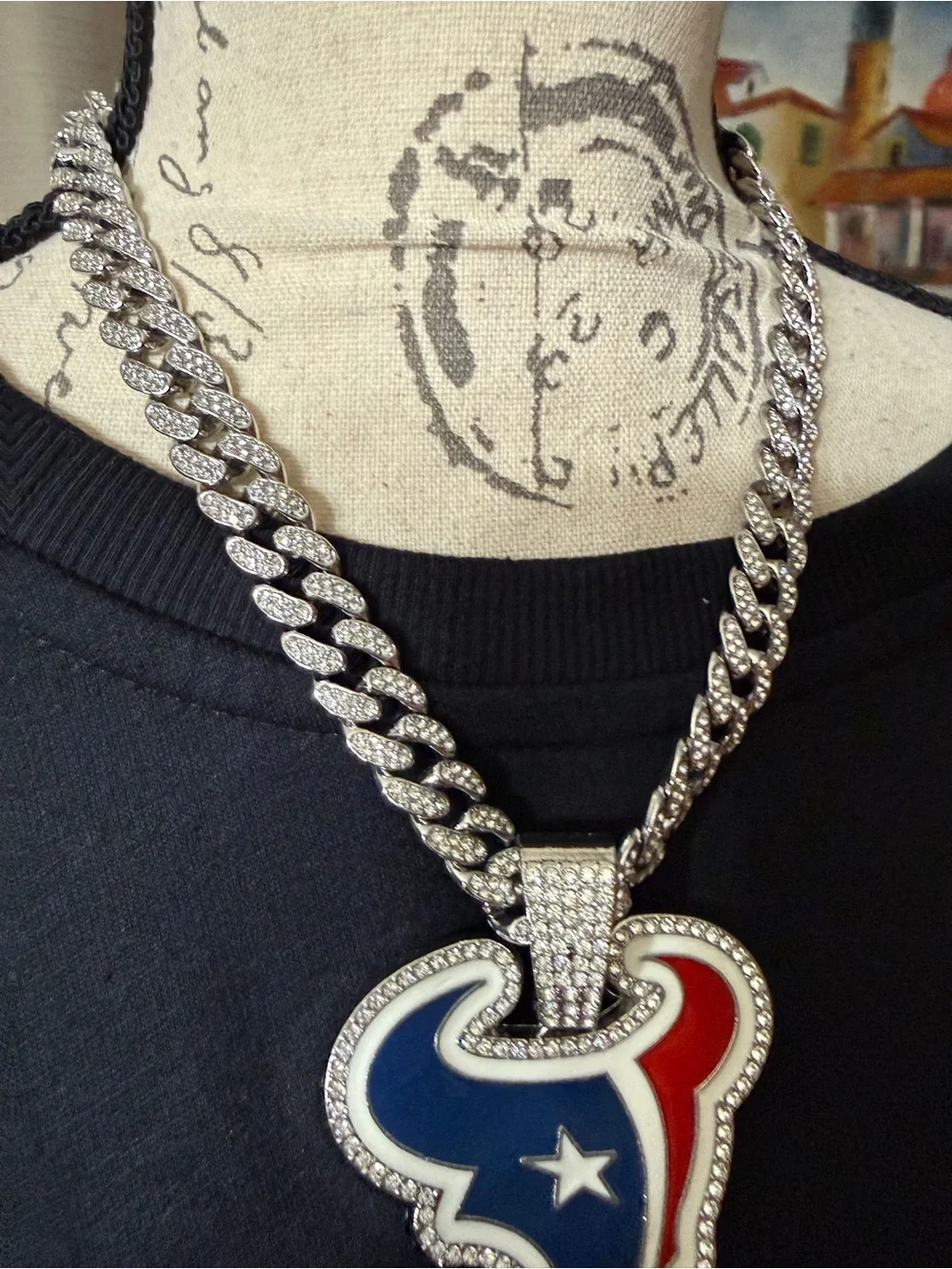Silver Cuban Chain Necklace with Blue and Red Enamel Pendant